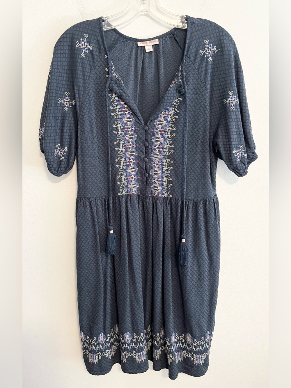 Knox Rose Boho Navy Blue Embroidered Mini Dress. Tassel Tie V-Neck. Size Medium